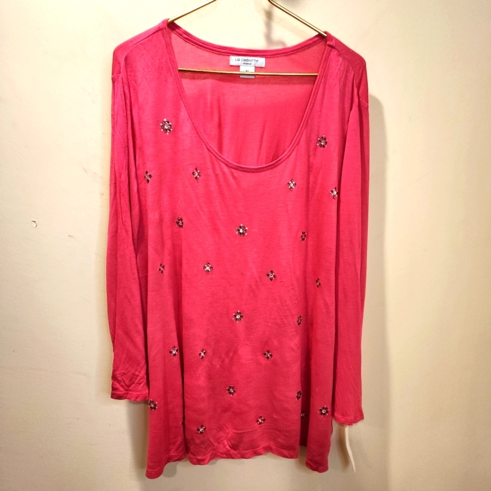 LIZ CLAIBORN Woman Pink Long Sleeve Top with Floral Embellishments Top 3X